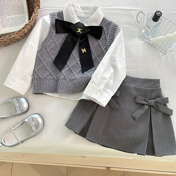 Girls' Autumn New Gray Sweater Shirt Skirt Three-piece Set