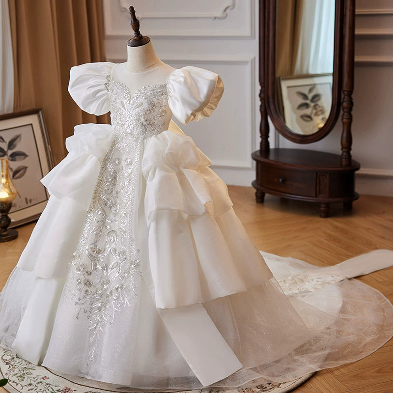 Elegant Baby Girls White Puffy Birthday Trailing Dress Toddler Prom Dress