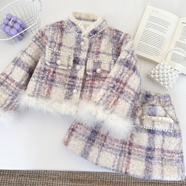 Girls' Winter Plaid Coat and Skirt Two-Piece Set