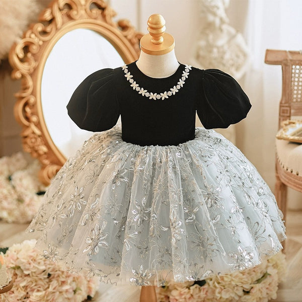 Cute Baby Girl Black Puff Sleeves Floral Fluffy Mesh Princess Dress Toddler First Communion Dress