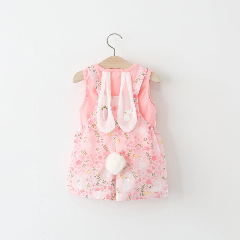 Summer Girls Knitted Sleeveless Top Pure Cotton Overalls Two-Piece Set
