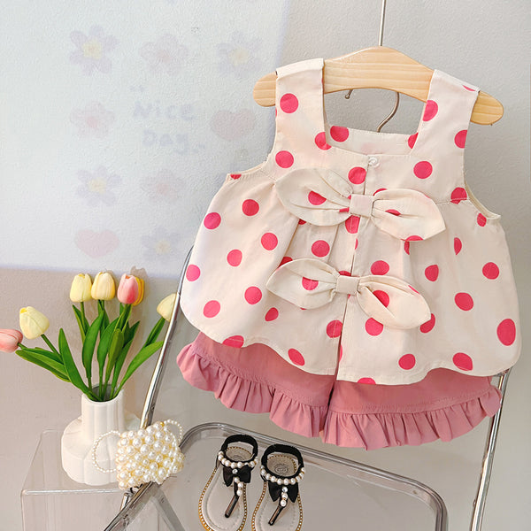 Girls Summer New Polka Dot Bow Top Shorts Two-piece Set