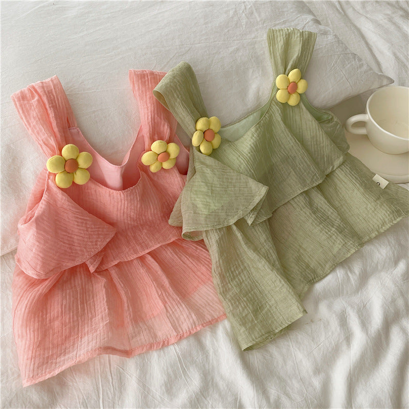 Summer Girls Thin Suspender Polka Dot Pants Two-piece Set