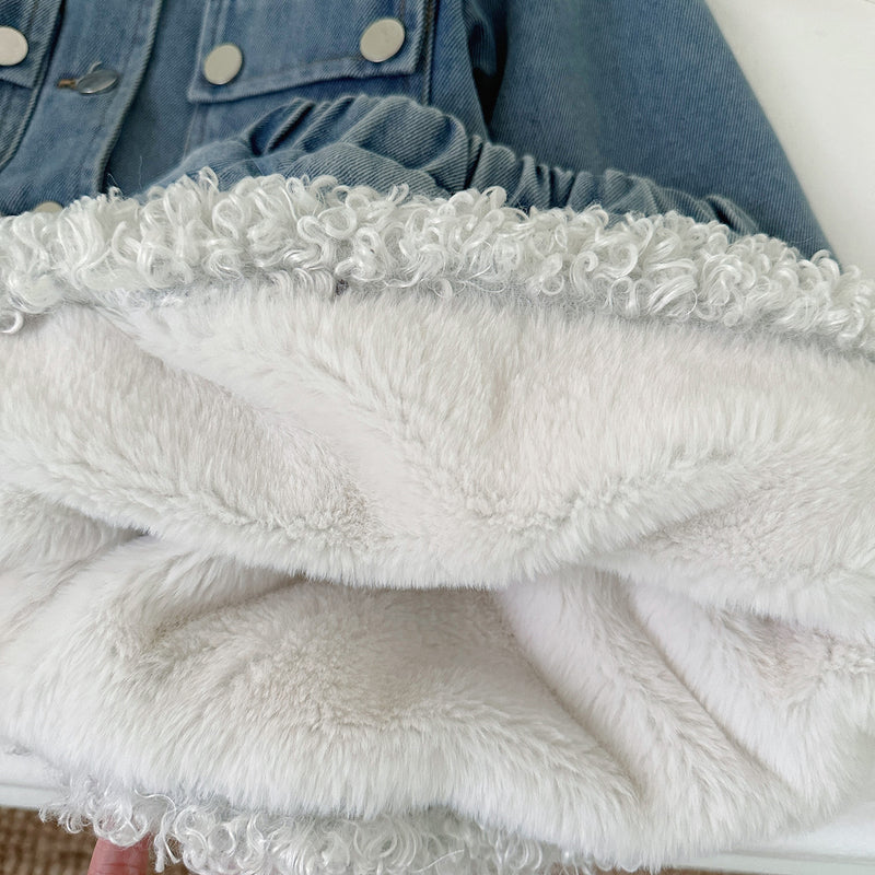 New Girls' Fur-lined Denim Jacket Skirt Two-Piece Set