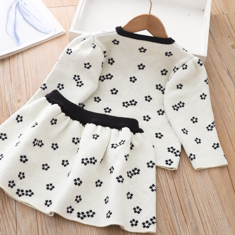 Cute Baby Girl Bow Sweater Dress Printed Two Piece Winter Dresses
