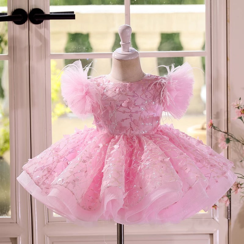 cute pink princess dress Flower Girl Dress Children Communion Pageant Elegant Cute Sequins Pink Princess Party Dress, Pink / 7-8 Years (140cm)