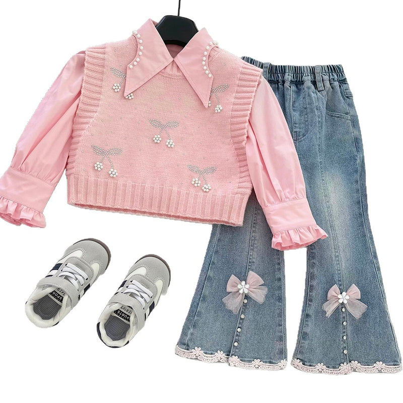 Girls' Beaded Shirt Knitted Vest Flared Jeans Three-Piece Set