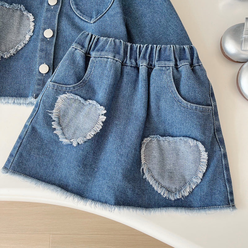 Girls Denim Suit Patchwork Heart Jacket Denim Skirt Two-piece Set