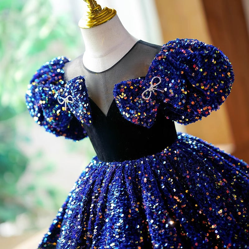 Elegant Baby Girls Dark Blue Sequin Bow Princess Dress Toddler Prom Dress