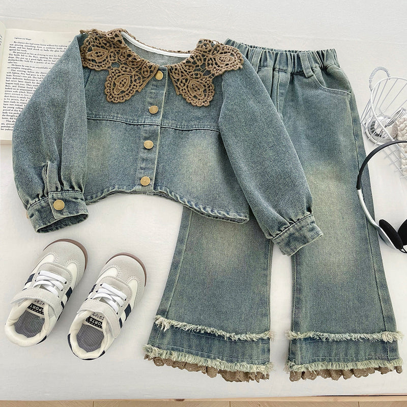 Girls' Autumn Denim Jacket and Jeans Two-Piece Set