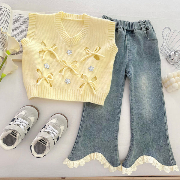 Girls' Autumn Shirt Knitted Vest Flared Pants Three-Piece Set