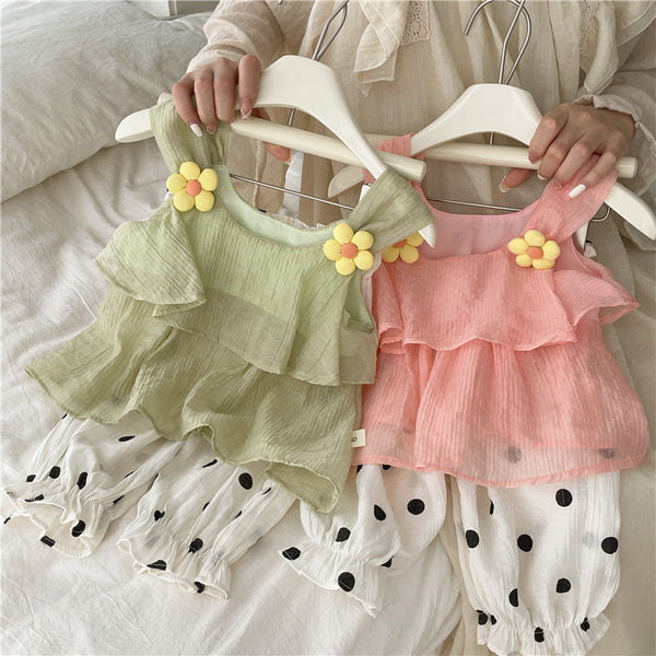 Summer Girls Thin Suspender Polka Dot Pants Two-piece Set