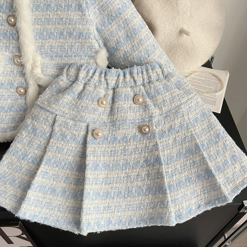 Cute Warm New Year Baby Girls Blue Two-piece Coat Short Dress Suit