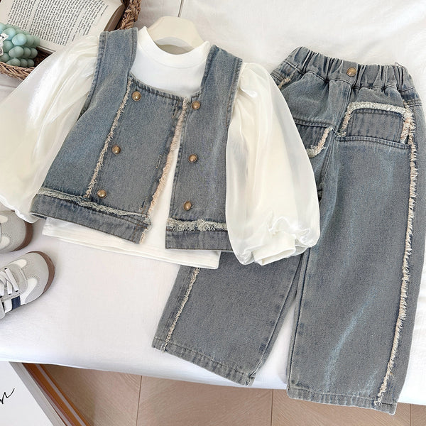 Girls' Autumn New Denim Vest and Jeans Two-piece Set