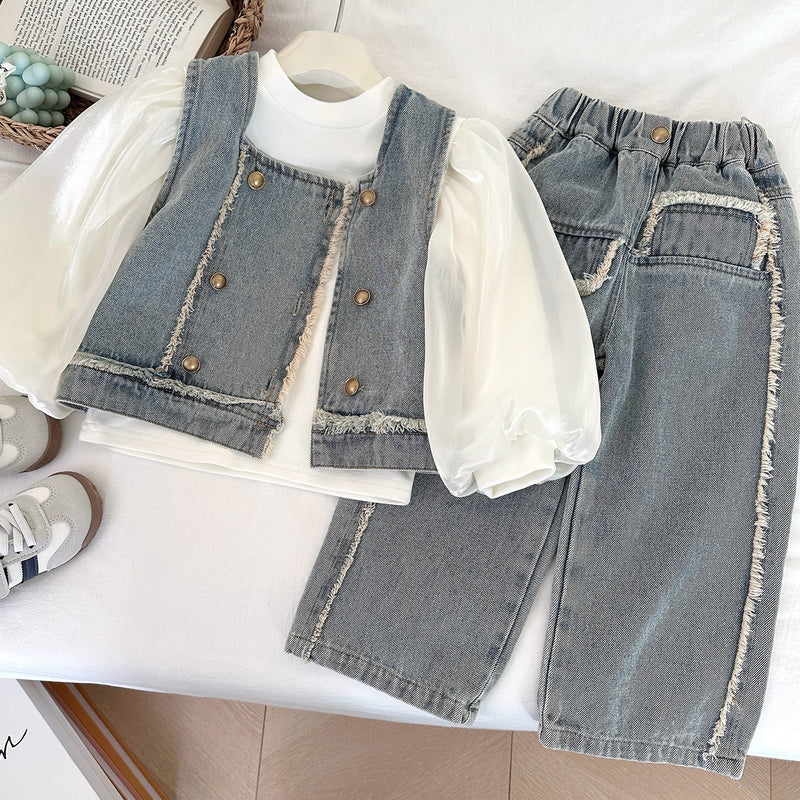 Girls' Autumn New Denim Vest and Jeans Two-piece Set