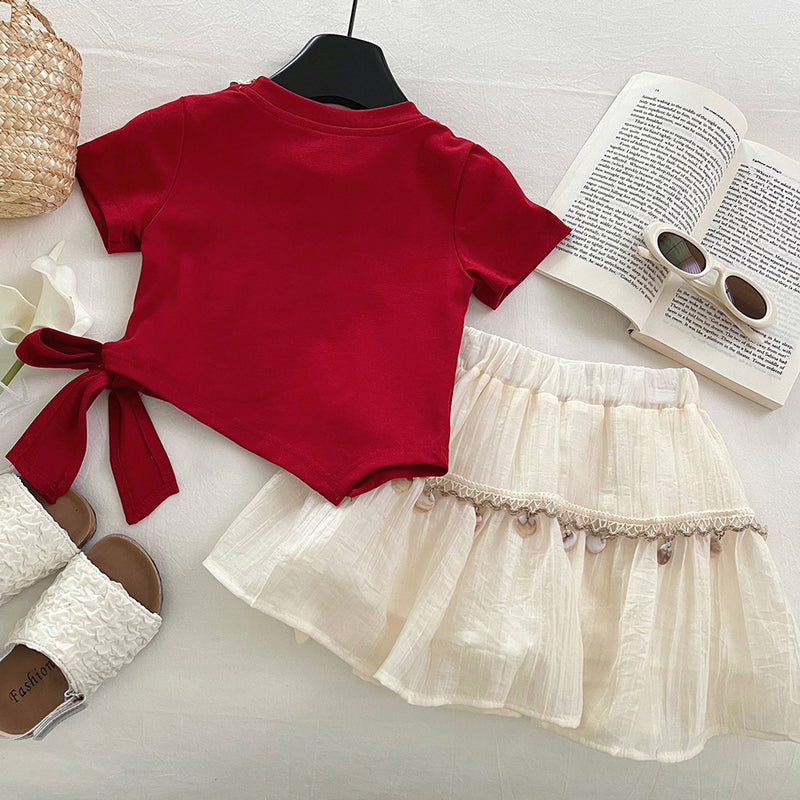 Girls' New Summer Irregular Bow Top Skirt Two-piece Set