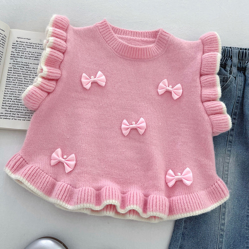 Girls' Solid Color Bow-knitted Vest Lapel Shirt and Jeans Three-piece Suit