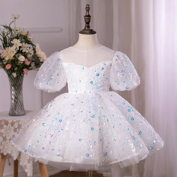 Sweet Baby Girls White Transparent Puffy Mesh Dress Toddler Christening Dress