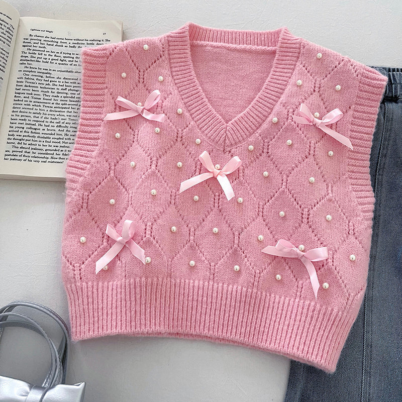 Girls' 3D Bow Knitted Vest Shirt and Jeans Three-Piece Set