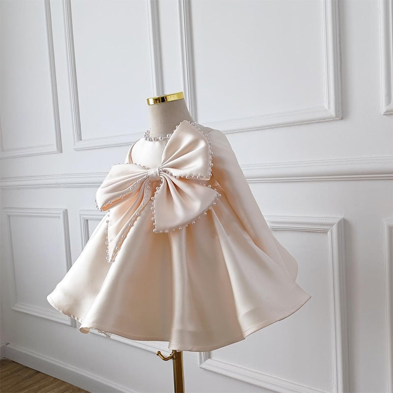 Cute Baby Girl Champagne Big Bow Dress Toddler Beauty Pageant Princess Dress