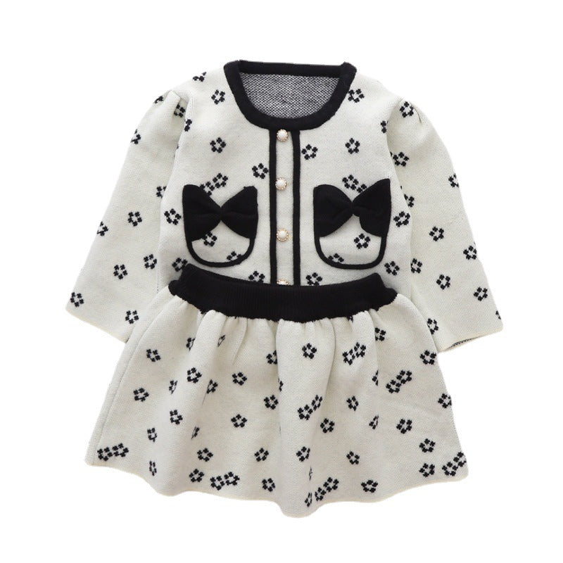 Cute Baby Girl Bow Sweater Dress Printed Two Piece Winter Dresses