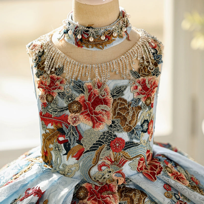 Girls Blue Beauty Pageant Dress Children's Birthday Princess Dress