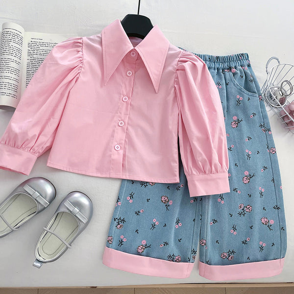 Autumn Girls Knitted Vest Shirt Printed Jeans Three-Piece Set
