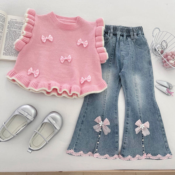 Girls' Solid Color Bow-knitted Vest Lapel Shirt and Jeans Three-piece Suit