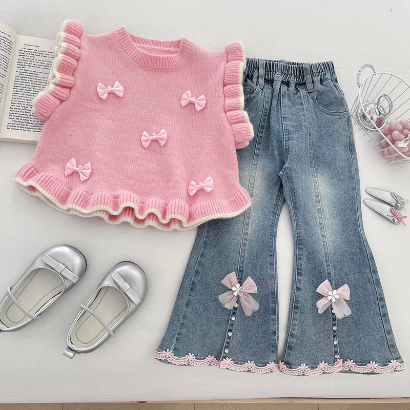 Girls' Solid Color Bow-knitted Vest Lapel Shirt and Jeans Three-piece Suit