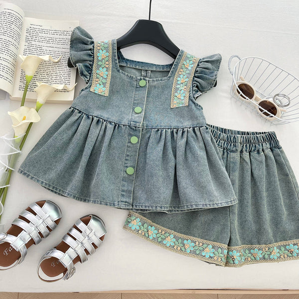 Girls' Summer Hollow Bow Denim Top and Shorts Two-piece Set