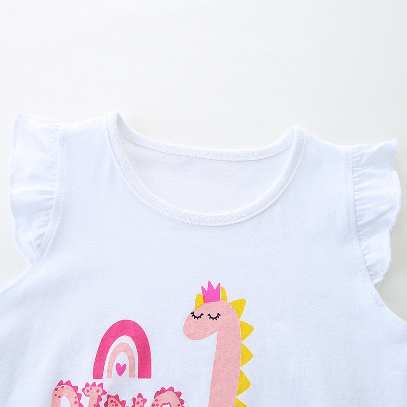Summer New Girls Cartoon Print Tops and Shorts Two-piece Set