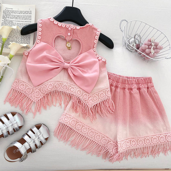Girls' Soft Denim 3D Sunflower Tassel Sleeveless Top and Shorts Two-Piece Set