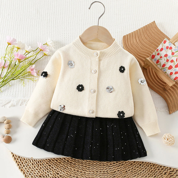 Girls' 3D Beaded Knitted Cardigan Skirt Two-Piece Set