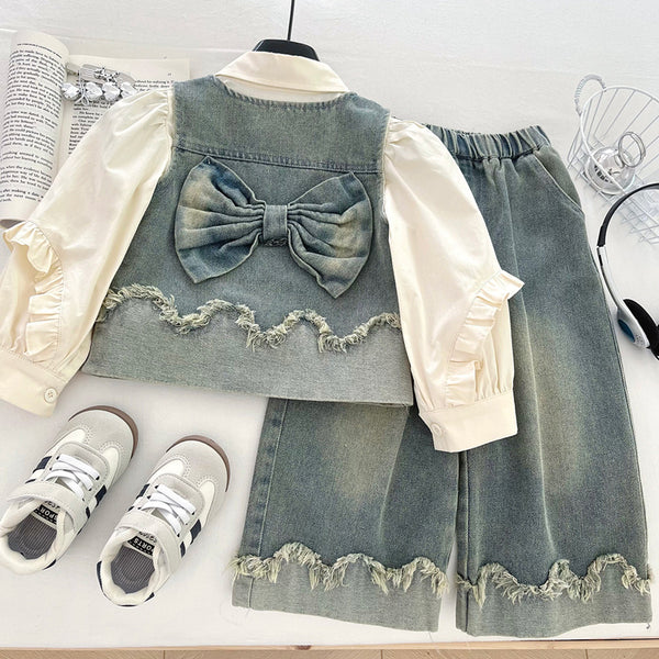Girls' Denim Vest Shirt and Wide-leg Jeans Three-piece Set