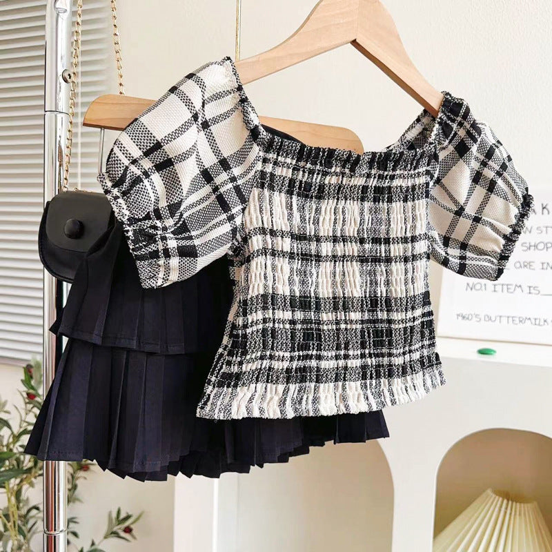 Girls Summer Suit New Children's Bow Plaid Skirt Pants Two-piece Suit
