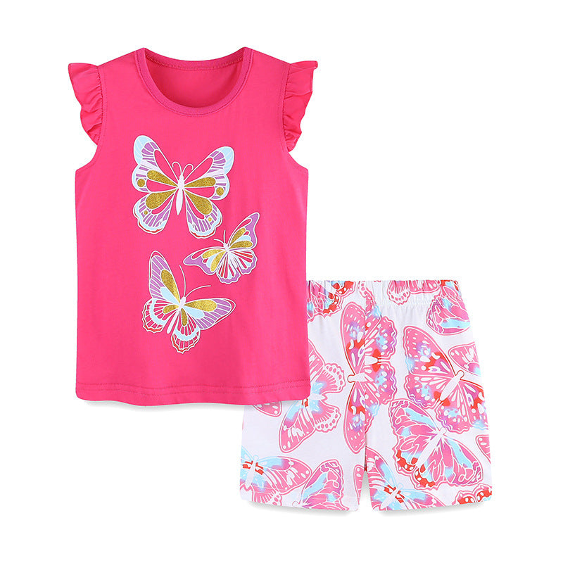 Girls Short Sleeve Suit Summer Butterfly Print T-shirt Two-piece Suit