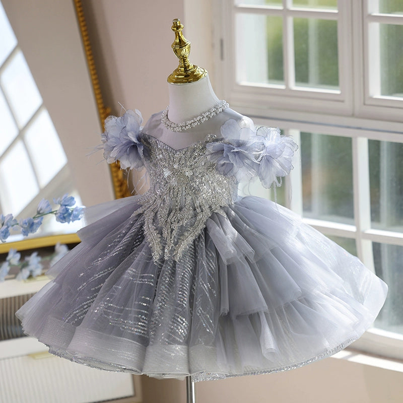 Girls Elegant Prom Princess Dress Girl Birthday Gray Dress