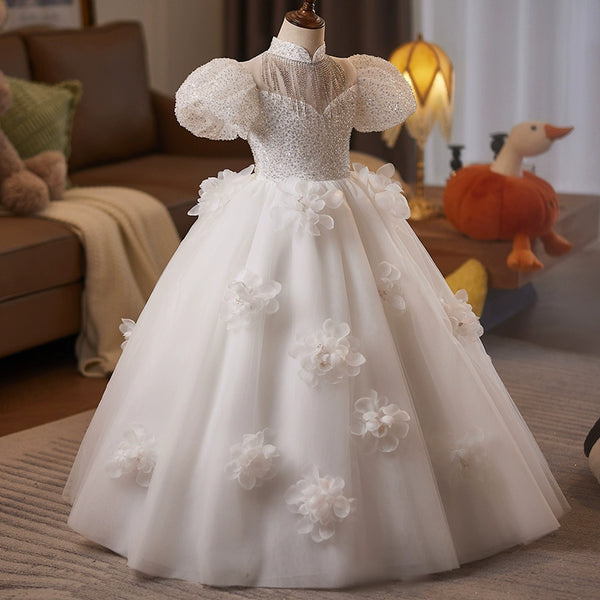 Girls White Birthday Dress Children Wedding Fluffy Princess Dress