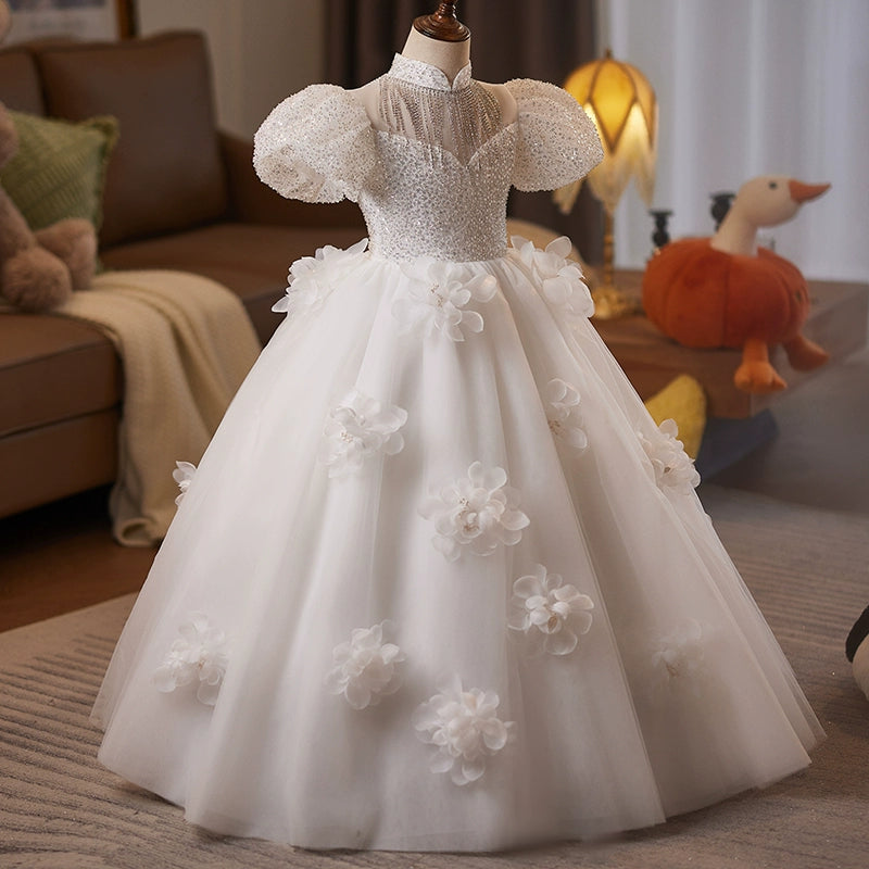 Girls White Birthday Dress Children Wedding Fluffy Princess Dress