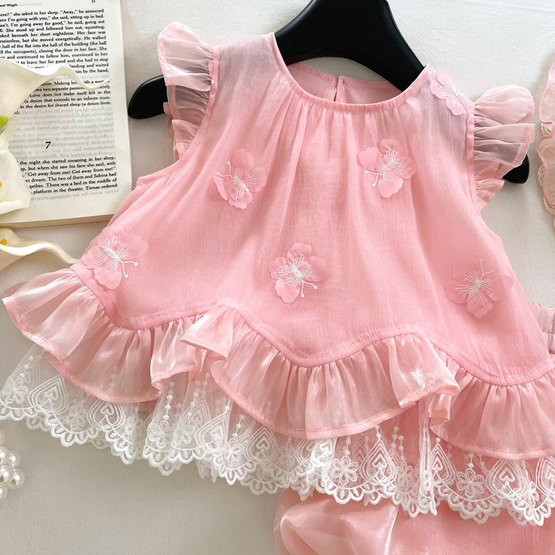 Girls Embroidered Fly Sleeve Top Flower Bud Shorts Two-piece Set