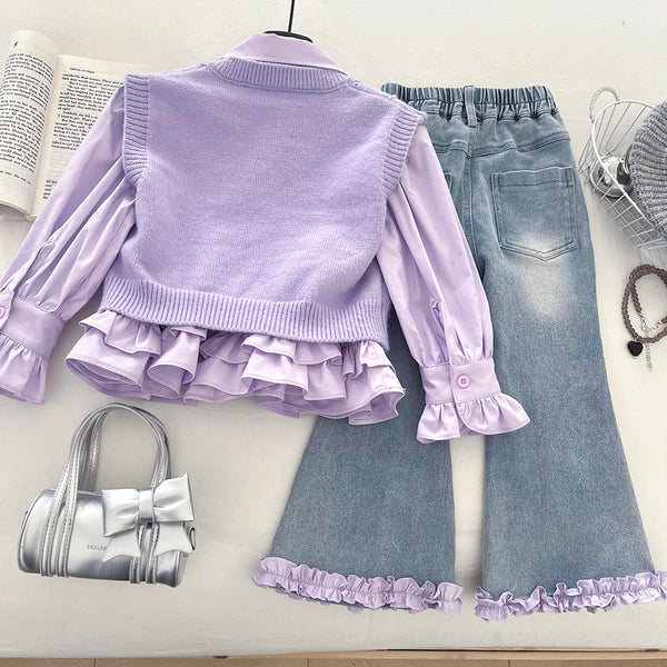 Girls' Autumn Knitted Vest Top and Flared Jeans Three-Piece Set