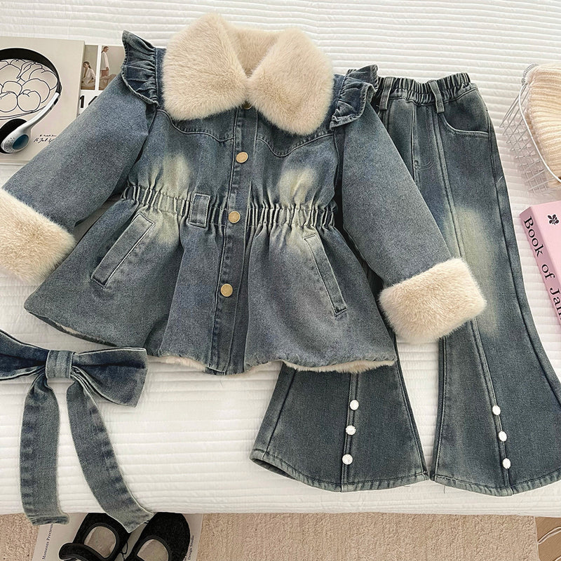 Girls' Winter Denim Jacket Flared Pants Two-piece Set