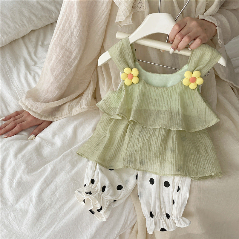 Summer Girls Thin Suspender Polka Dot Pants Two-piece Set