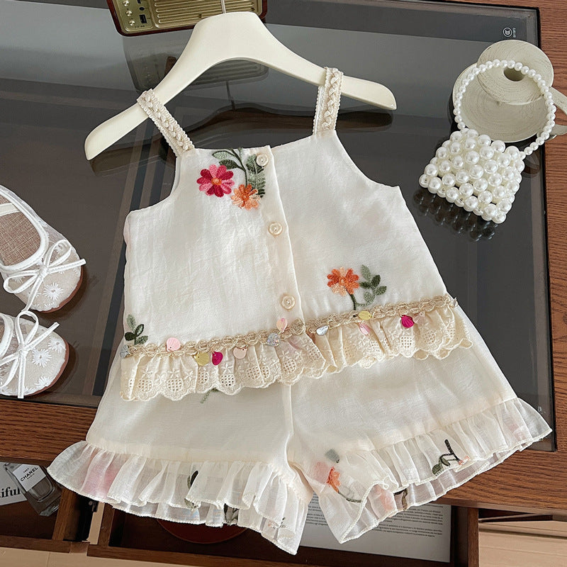 Girls Summer New Embroidered Suspender Shorts Two-piece Suit