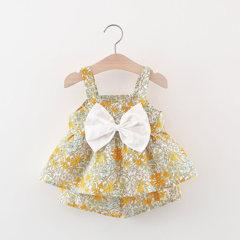 Girls Summer Suit Children's Suspender Shorts Floral Two-piece Suit
