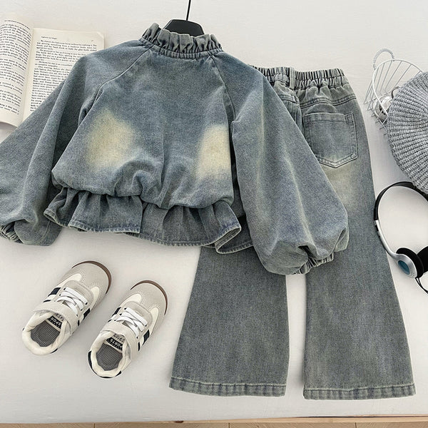 Girls' Denim Bow Beaded Jacket and Jeans Two-Piece Set