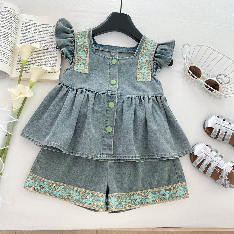Girls' Summer Hollow Bow Denim Top and Shorts Two-piece Set