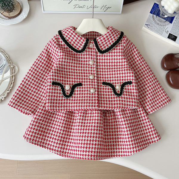 New Girls' Lapel Plaid Jacket and Skirt Two-piece Suit