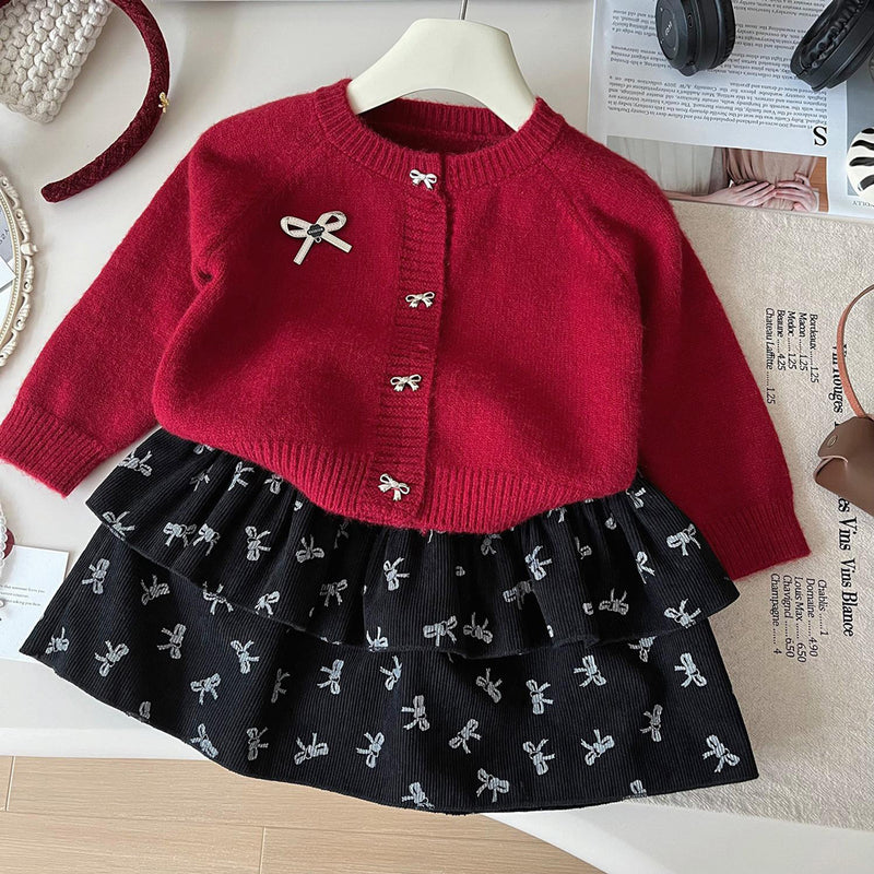 Girls' Knitted Sweater Cardigan Bow Skirt Two-piece Set