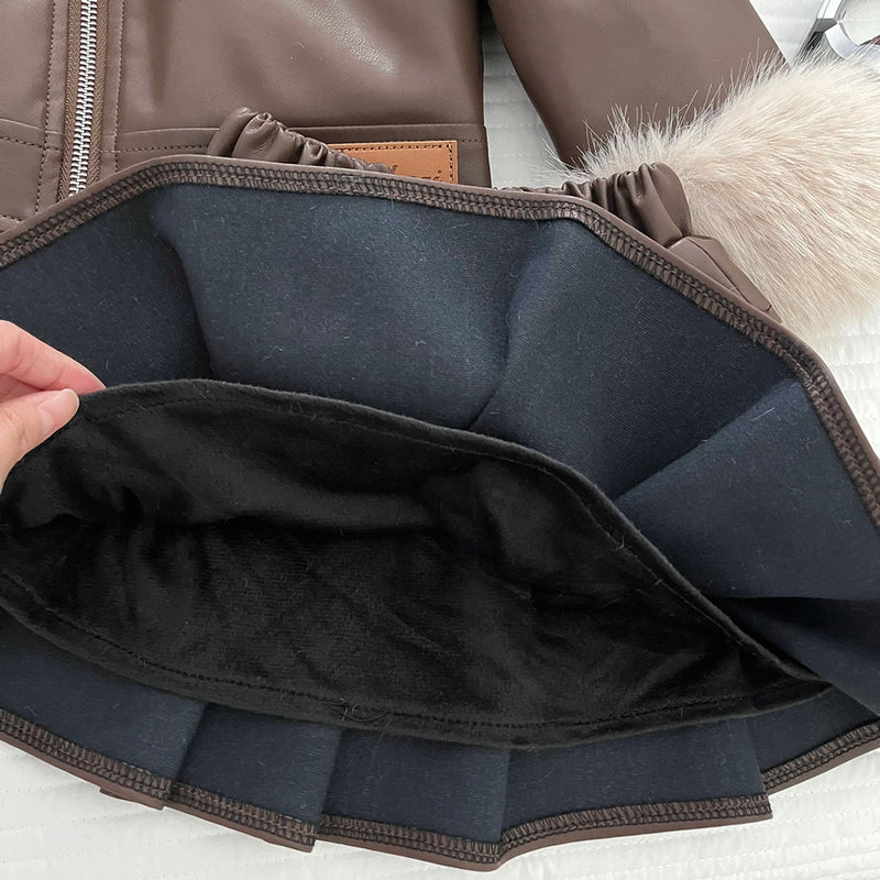 Girls' Winter PU Leather Jacket and Skirt Two-Piece Set